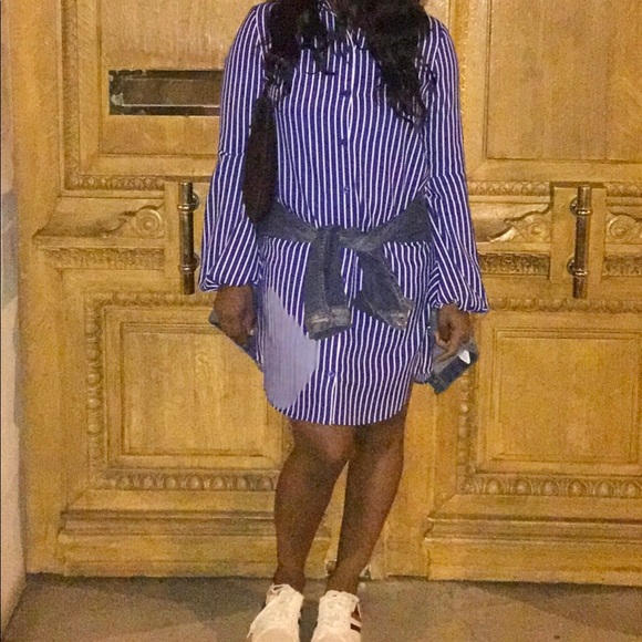 Leyden - Blue Stripe Shirt Dress w/Balloon Sleeves - Picture 4 of 5